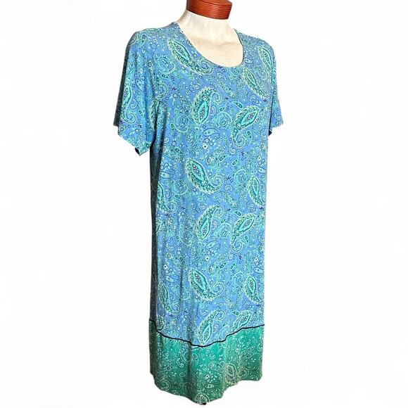 J. Jill Wearever T-Shirt Dress Plus Size 3X Blue Green Paisley Pockets Cottage - Picture 1 of 9